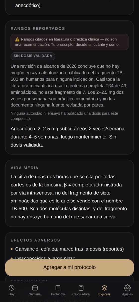 Pantalla de la biblioteca de Orba con rangos reportados, vida media y efectos adversos de un compuesto
