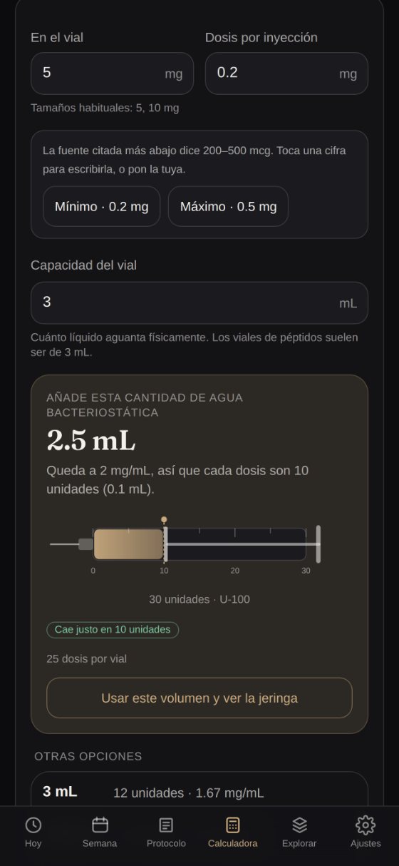 Pantalla de la calculadora de Orba con el vial, la dosis y el agua a añadir